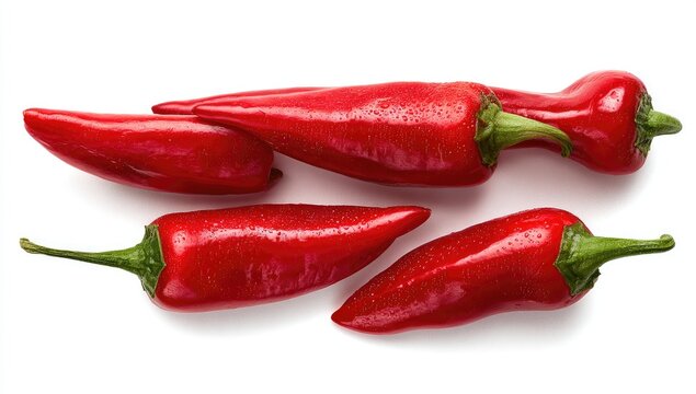 Four vibrant red chili peppers with green stems lay on a white surface