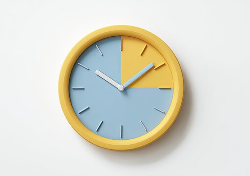 A minimalist, round clock face, yellow and blue, with hands pointing to 915