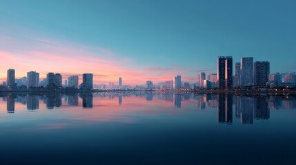 Fototapeta premium silhouette of modern city reflecting in blue water in sunset light