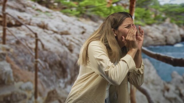 Woman cupping hands around mouth shouting on a studio coastal set by rocky cliffside walkway and railing, calling out to sea; alarm warning.