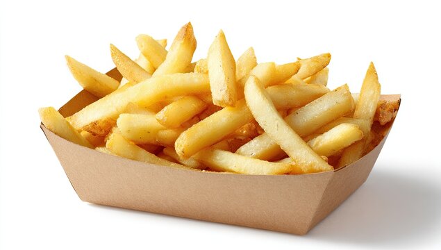 Golden crispy potato fries piled high in a rustic cardboard tray