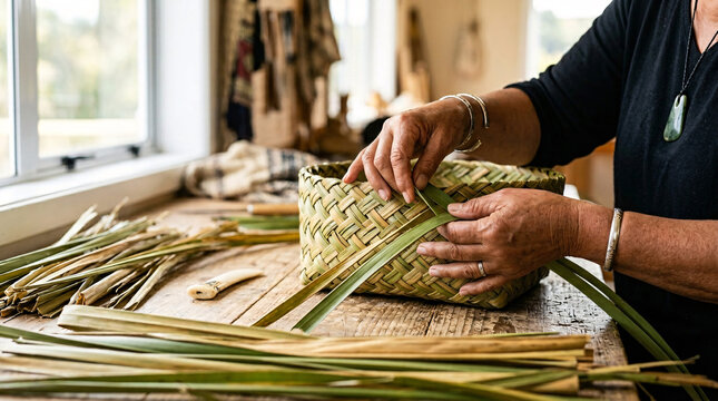 Close up of hands weaving a traditional flax basket on a rustic wooden table in a craft studio