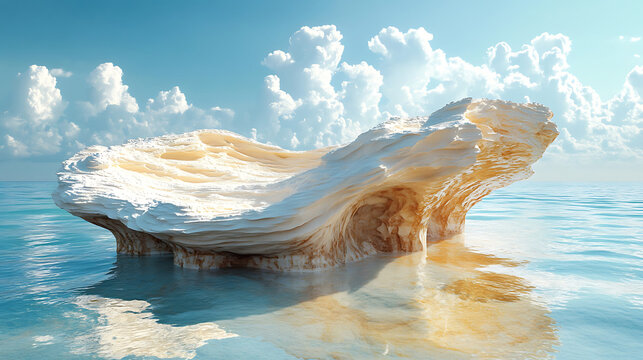 A Giant Oyster Shell Floating in the Ocean Under a Cloudy Sky.