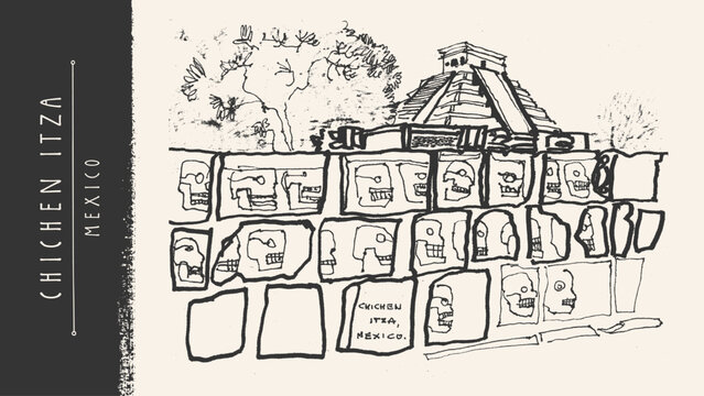 Chichen Itza, Mexico. Mayan pyramid temple and Tzompantli skull wall. Ancient Yucatan civilization tourism landmark. Archaeological ruins and stone platform. Hand drawn pencil sketch. Vintage postcard