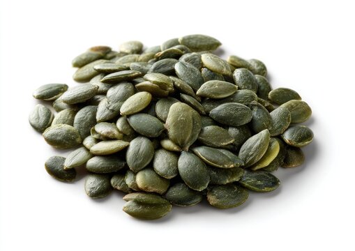 A pile of raw, green pumpkin seeds, oval-shaped and textured, on a white background