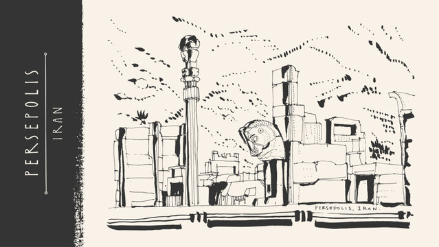 Persepolis, Iran. Ancient architecture. UNESCO reliefs. Persian lion bull stone columns. Xerxes Darius Achaemenid empire palace. Archaeology ruins Shiraz. Hand drawn vector sketch. Vintage postcard