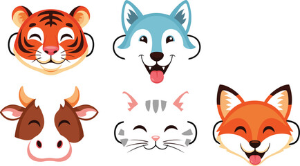 Fototapeta premium Cute Animal Faces Vector Set Featuring Tiger, Wolf, Cow, Cat, and Fox for Children’s Design, Mascot Art, and Fun Illustrations