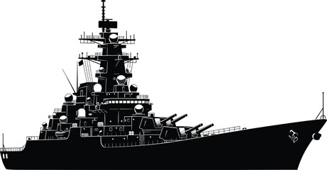 battleship silhouette, naval warship illustration, military ship, navy vessel, armed cruiser design, maritime defense, vintage battleship, ocean warfare concept © MstLaila