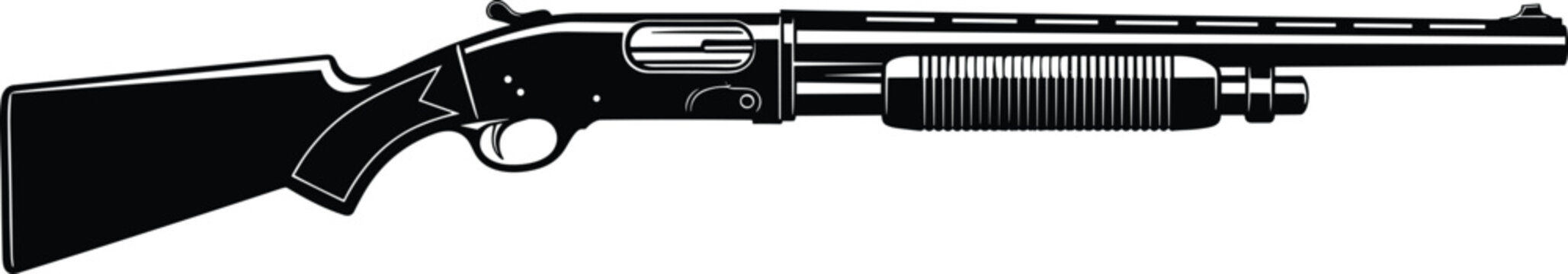 pump action shotgun, black silhouette firearm, hunting weapon illustration, tactical gun, vintage shotgun design, isolated weapon graphic, security defense concept
