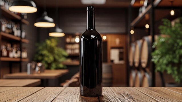 Blank wine bottle mockup on rustic wooden table in cozy bar interior with warm lights