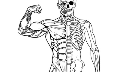 Fototapeta premium Anatomical skeleton with muscular system illustration showing flexed arm.