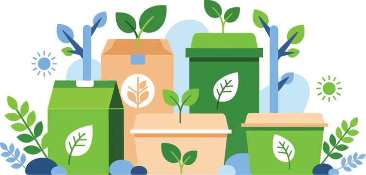 Sustainable Packaging: Vibrant illustration of sustainable packaging options showcasing eco-friendly alternatives and a commitment to environmental stewardship.