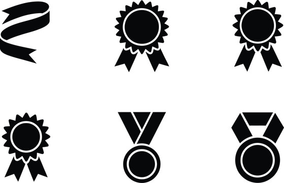 Set of Six Black Award Ribbons Medals and Banner Icons on White Keywords: award, ribbon, medal