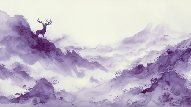 Mythical Giant Deer in Purple Mist Mountains