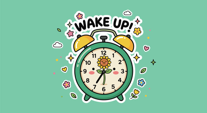 Cute cartoon alarm clock with sunflower face and wake up text surrounded by spring blossoms and stars on green background for kids morning