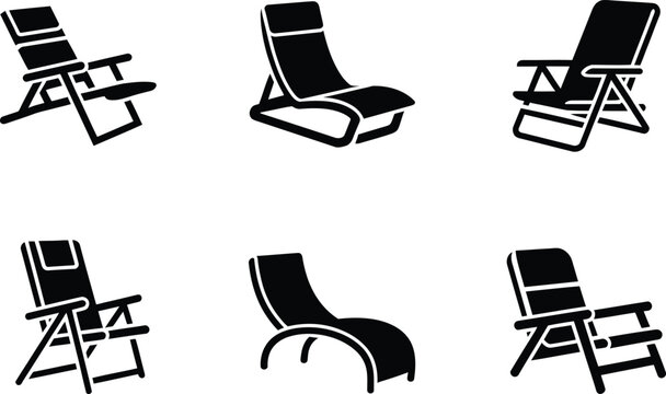 Chairs outdoor folding icon set with black silhouette seats and armrests, minimal graphic symbols for patio design, camping gear, and furniture