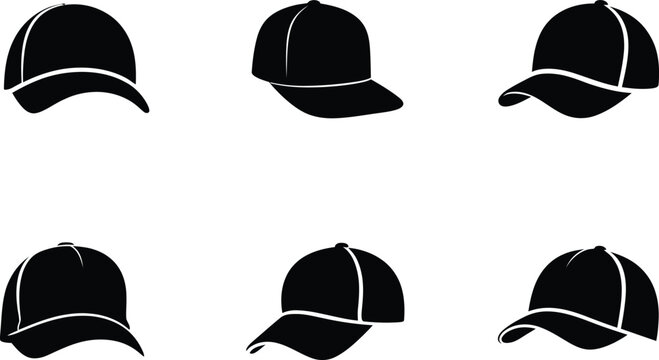 Caps baseball set with black silhouettes and white stripes on clean white background for sports and fashion designs