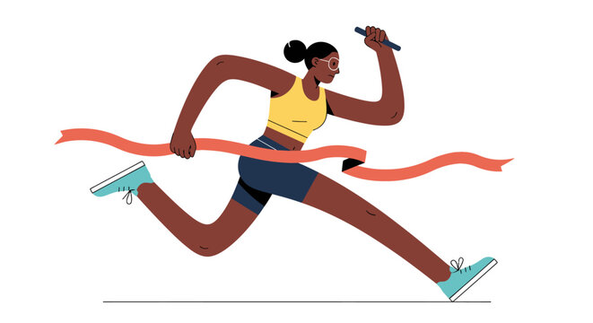 A flat vector illustration of a determined black female athlete crossing a red finish line ribbon, symbolizing success, achievement, and winning a race.