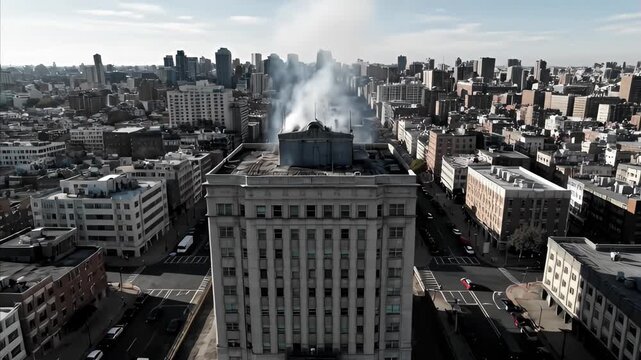 Aerial view of city with smoke plume rising from burning building, aftermath of destructive event, damage and devastation across urban metropolis, showcasing conflict impact.