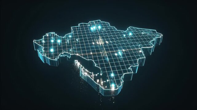 Abstract glowing digital wireframe map of Middle East, dynamic light points illustrate network connections, technology, data flow, and global communication