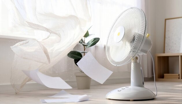 White electric fan blowing papers in a bright room