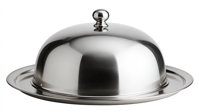 Gleaming silver dome cloche rests on a round platter, ready to serve