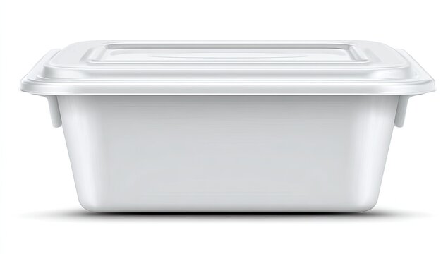 Rectangular white plastic food container with a clear lid, isolated