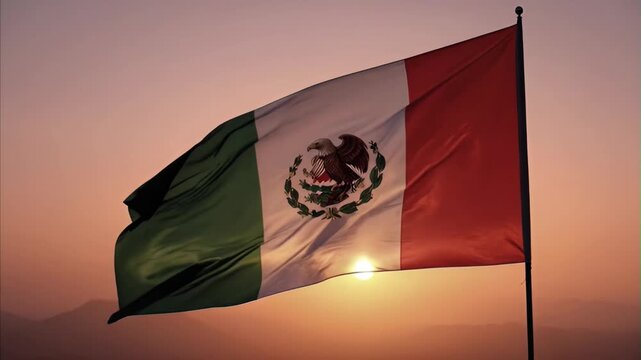 Mexican flag waving gracefully against a vibrant orange and pink sunset sky, sun creating a dramatic silhouette of the coat of arms, symbolizing national pride and independence.