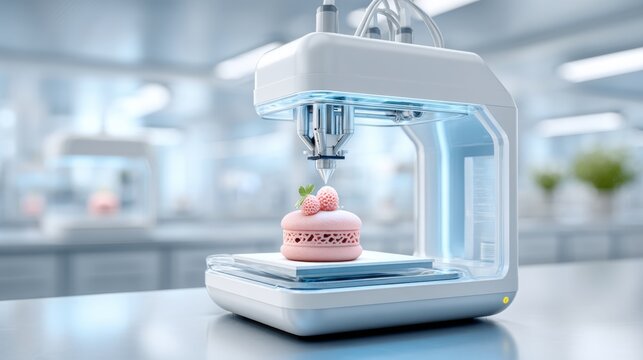 3D food printing machine creating intricate edible designs in modern kitchen facility