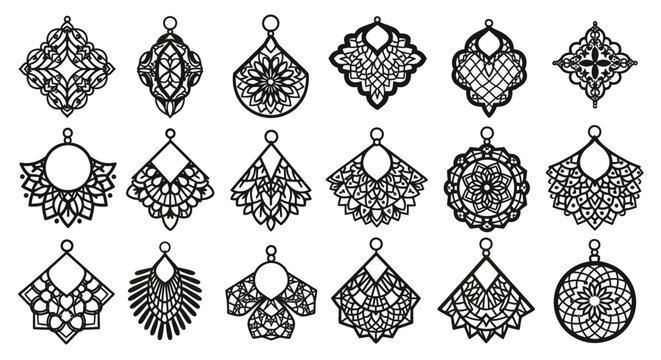 Elegant decorative earrings collection vector outlines and geometric patterns