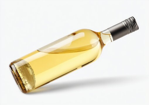 Clear glass bottle filled with pale yellow liquid, tilted on a white background