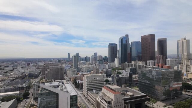 Gimbal wide panning shot looking south from the City Hall observation deck in Los Angeles, California. 4K
