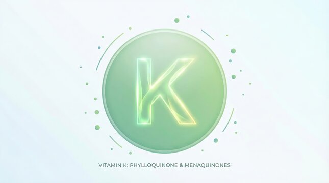 Vitamin K concept illustrating essential nutrients and health, symbolizing blood clotting, bone metabolism, and cardiovascular benefits with an illuminated K symbol