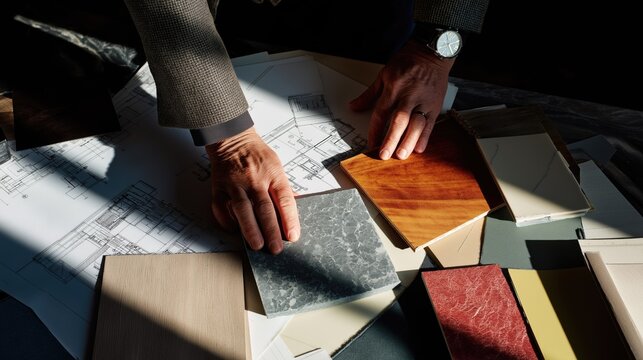 Close-up of architect's hands selecting material samples over house blueprints. Concept of interior design, construction planning, and luxury renovation with wood, stone and tile swatches