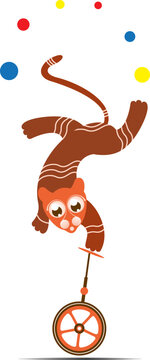 Cute tiger, lion, balances on unicycle and juggles balls