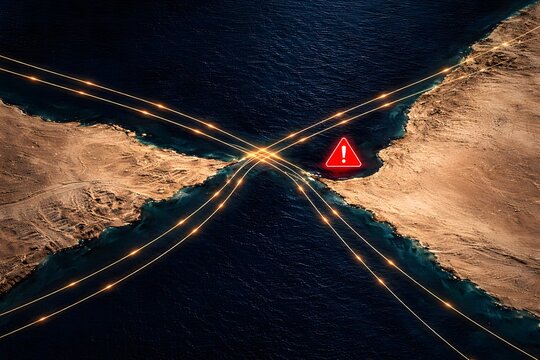 Strategic sea chokepoint with intersecting shipping lanes and global trade disruption concept
