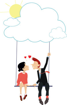 Sunny day. Young adults sitting on a swing.
Lovers sit on a swing suspended to a cloud
