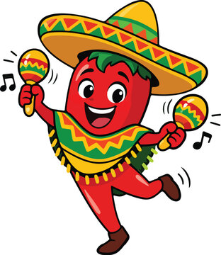 Funny Mexican Chili Pepper With Maracas Flat Illustration
