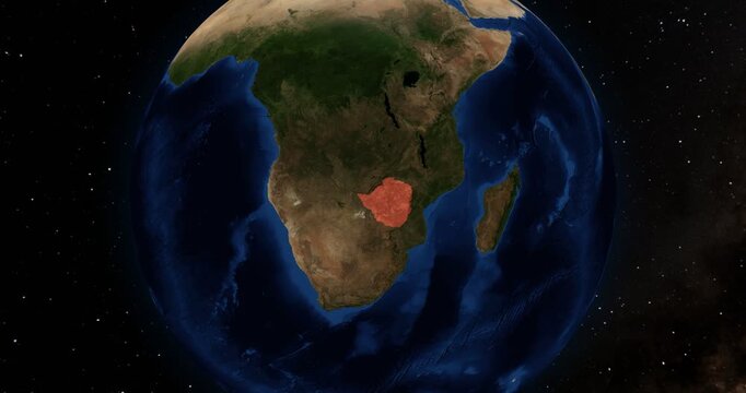 Zimbabwe on the Globe. Zoom into the country with the Earth spinning in space. High detail physical world map with Zimbabwe on it. Country view animation. Elements of this image furnished by NASA.