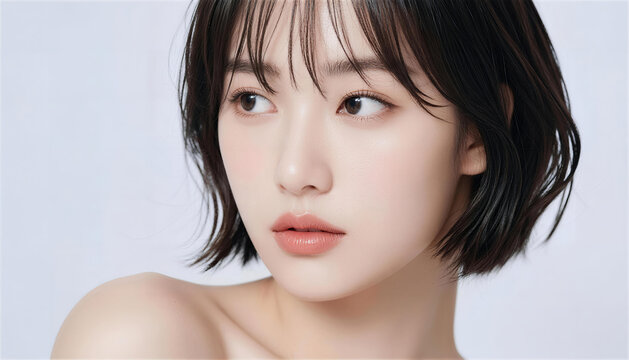 視線を外して佇む濡れ髪の美しい若い女性