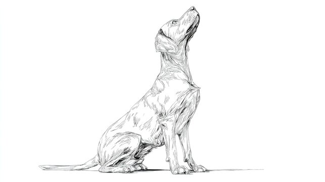 Detailed monochrome illustration depicting a seated dog looking upwards with curiosity.