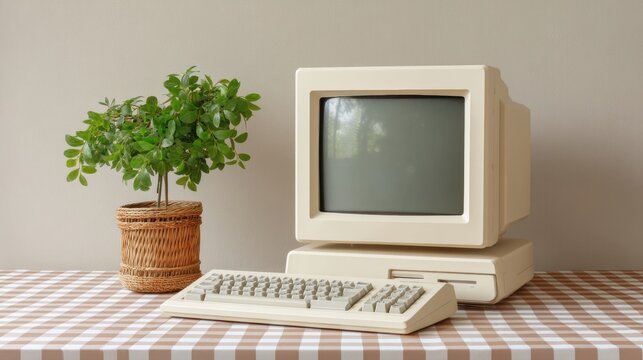 Retro beige computer monitor and keyboard on a checkered table with plant