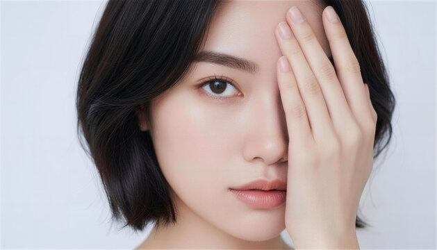 片手で顔の半分を隠す美しい肌の若い女性のポートレート