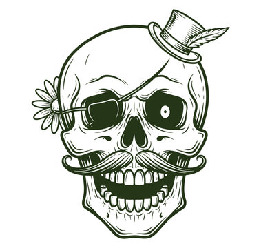 A skull wearing a top hat and eyepatch with a flower and mustache