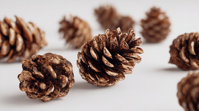 Various pine cones scattered on a plain white background for design.