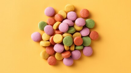 Obraz premium Colorful circular kibble pet food pellets scattered on a vibrant yellow surface