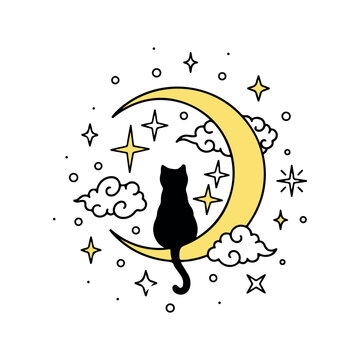 Black cat silhouette sitting on yellow crescent moon with stars and clouds. Vector cat silhouette on moon in line art style for kids and nursery. Whimsical night sky cat design with crescent moon