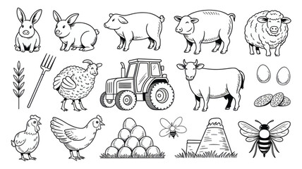 Obraz premium Hand Drawn Farm Animal and Agriculture Illustration Set with Tractor Livestock Crops Eggs and Insect
