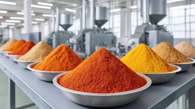 Vibrant spice powders in metal bowls on a factory table with packaging machinery
