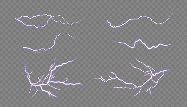 Glowing violet lightning bolts isolated on transparent background. Vector electric discharge effect for game UI, weather graphics and energy design.